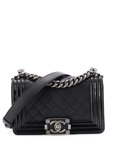 Pre-owned Chanel Boy Flap Bag Quilted Goatskin With Patent Small Shoulder Bag In Black
