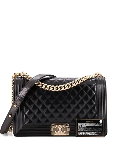 Pre-owned Chanel Boy Flap Bag Quilted Iridescent Glazed Calfskin New Medium Crossbody Bag In Black