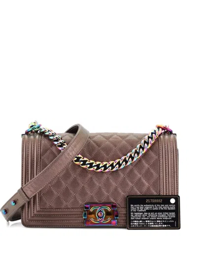Pre-owned Chanel Boy Flap Bag Quilted Iridescent Goatskin Old Medium Crossbody Bag In Brown