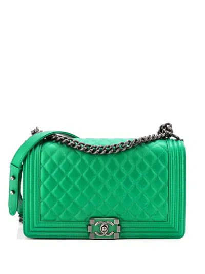Pre-owned Chanel Boy Flap Bag Quilted Lambskin New Medium Shoulder Bag In Green