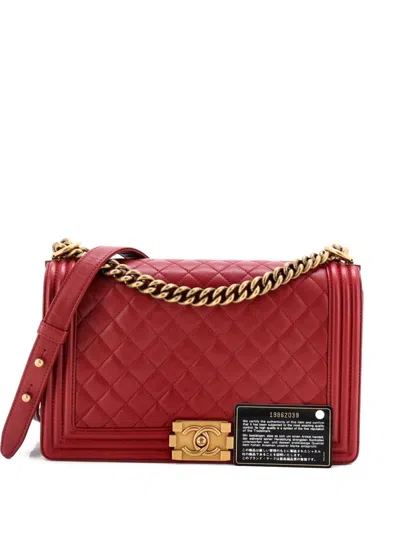 Pre-owned Chanel Boy Flap Bag Quilted Lambskin New Medium Shoulder Bag In Red