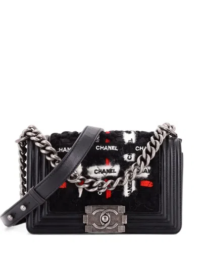 Pre-owned Chanel Boy Flap Bag Quilted Logo Ribbon And Tweed Small Shoulder Bag In Black