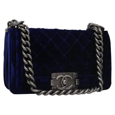 Pre-owned Chanel Boy Flap Bag Quilted Velvet Navy Velvet Bag () In Blue