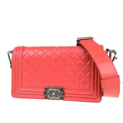 Pre-owned Chanel Boy Flap Bag With Strap Quilted Lambskin Leather Shoulder Bag Bag () In Red