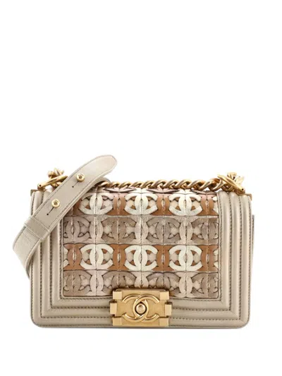 Pre-owned Chanel Boy Flap Bag Woven Leather Small Crossbody Bag In Neutral