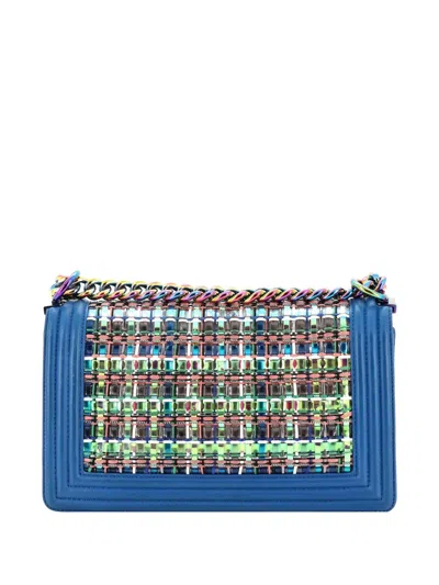 Pre-owned Chanel Boy Flap Bag Woven Pvc With Lambskin Old Medium Shoulder Bag In Blue