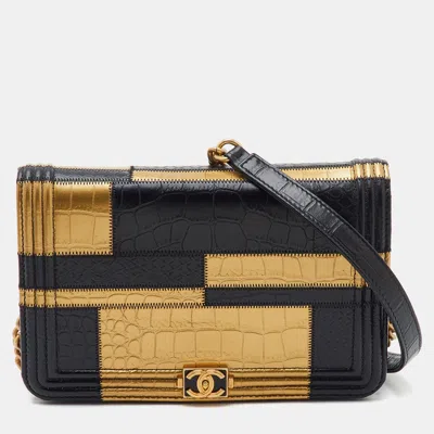 Pre-owned Chanel Boy Flap Black/gold Croc And Python Embossed Leather Wallet On Chain