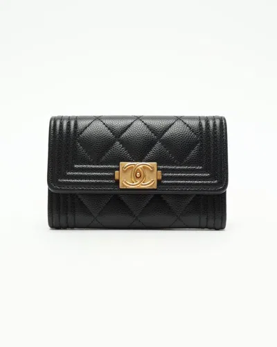 Pre-owned Chanel Boy Flap Card Holder In Black