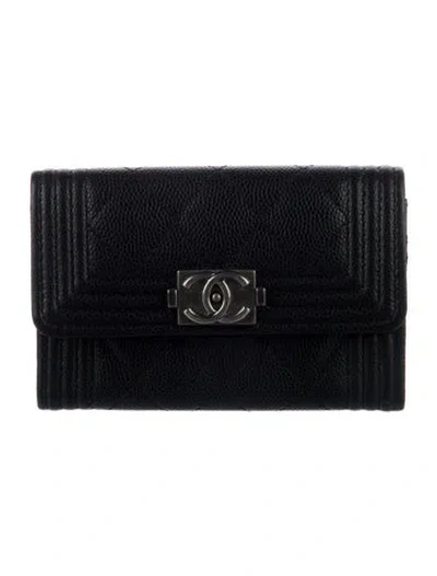 Pre-owned Chanel Boy Flap Card Holder Interlocking Cc Logo Bifold Wallet In Black