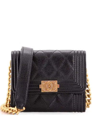 Pre-owned Chanel Boy Flap Card Holder On Chain Quilted Caviar Clutch Bag In Black
