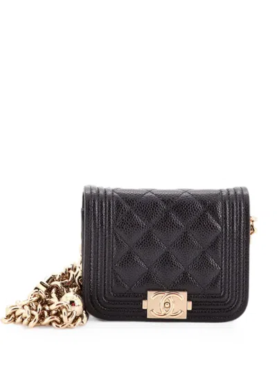 Pre-owned Chanel Boy Flap Chain Quilted Caviar Belt Bag In Black