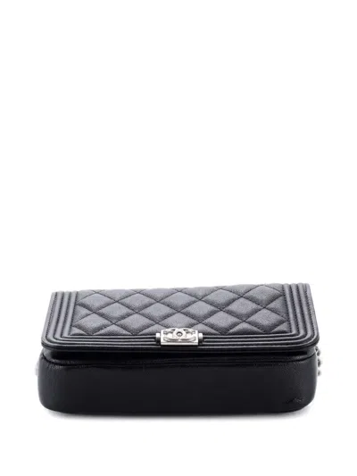 Pre-owned Chanel Boy Flap Phone Holder With Chain Quilted Caviar Crossbody Bag In Black