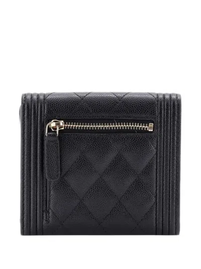 Pre-owned Chanel Boy Flap Wallet Quilted Caviar Compact Small Wallets In Black