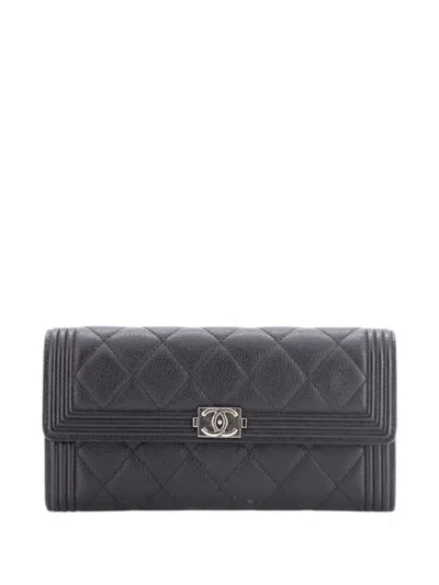 Pre-owned Chanel Boy Flap Wallet Quilted Leather Long Small Wallets In Black