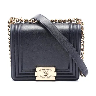 Pre-owned Chanel Boy Leather Shoulder Bag Navy In Blue