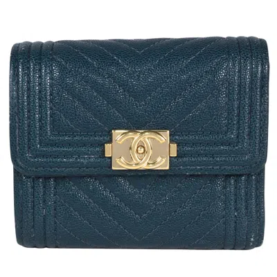 Pre-owned Chanel Boy Leather Wallet () In Blue