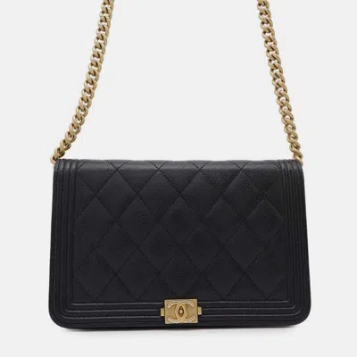 Pre-owned Chanel Boy Matelasse Coco Mark Black Calf Leather Chain Wallet Shoulder Bag