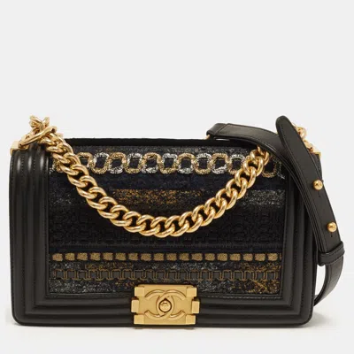 Pre-owned Chanel Boy Medium Black Metallic Tweed And Leather Flap Bag