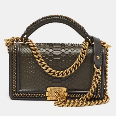 Pre-owned Chanel Boy Medium Grey Python And Leather Top Handle Bag