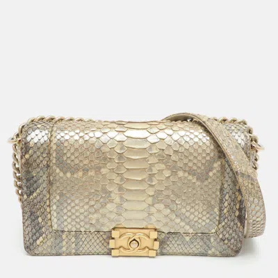 Pre-owned Chanel Boy Medium Metallic Beige Python Leather Flap Bag
