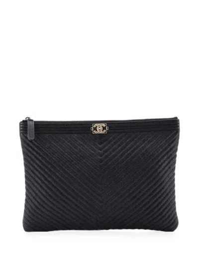 Pre-owned Chanel Boy O Case Chevron Caviar Medium Clutch Bag In Black