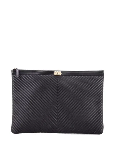 Pre-owned Chanel Boy O Case Chevron Lambskin Large Clutch Bag In Black