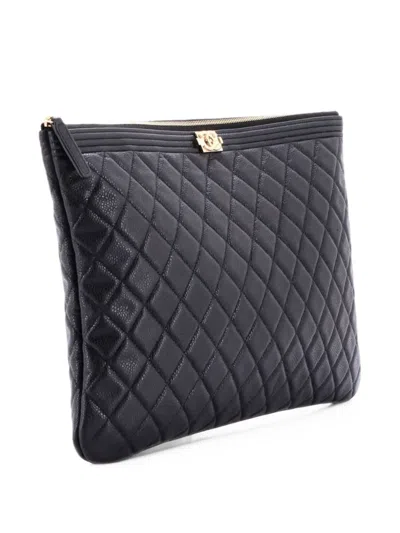 Pre-owned Chanel Boy O Case Quilted Caviar Large Clutch Bag In Black