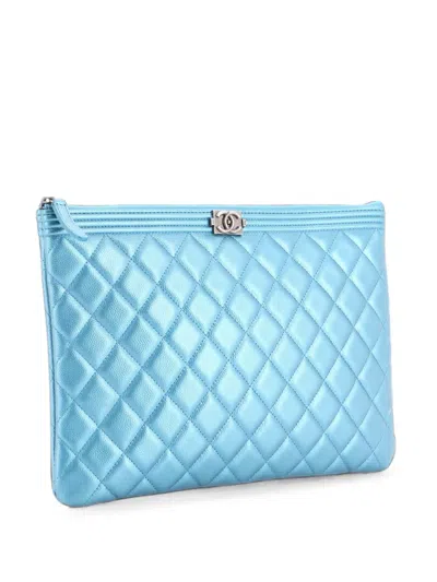 Pre-owned Chanel Boy O Case Quilted Caviar Medium Clutch Bag In Blue