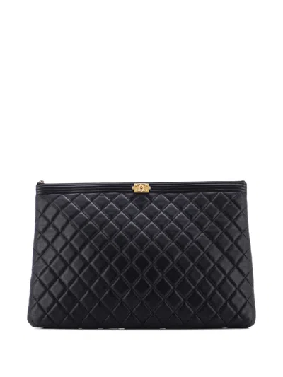 Pre-owned Chanel Boy O Case Quilted Lambskin Large Clutch Bag In Black