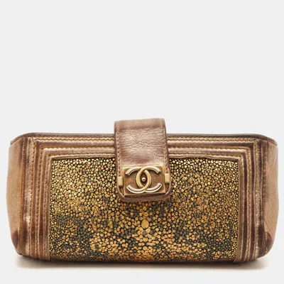 Pre-owned Chanel Boy O-phone Holder Gold Stingray And Leather Pouch