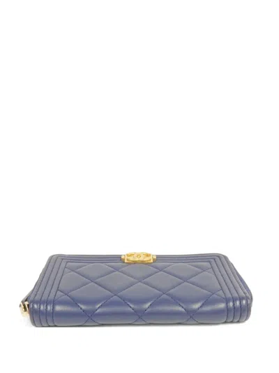 Pre-owned Chanel Boy Push-lock Diamond-quilting Wallet In Blue
