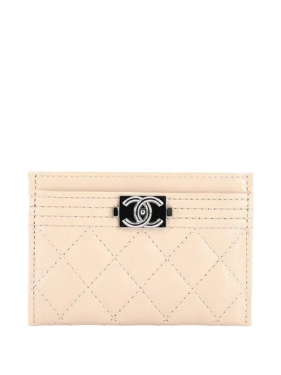 Pre-owned Chanel Boy Quilted Caviar Card Holder In Neutral