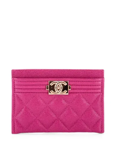 Pre-owned Chanel Boy Quilted Caviar Card Holder In Pink