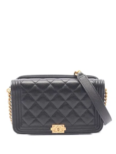 Pre-owned Chanel Boy Quilted Chain Wallet In Black