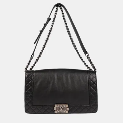 Pre-owned Chanel Boy Reverso  Black Calfskin Medium Shoulder Bag