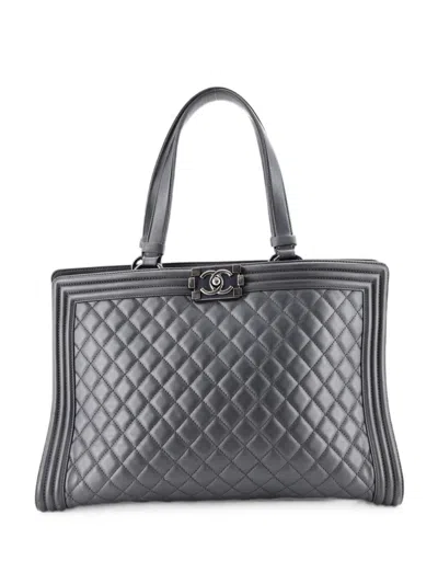 Pre-owned Chanel Boy Shopping Tote Quilted Lambskin Large Satchel In Grey