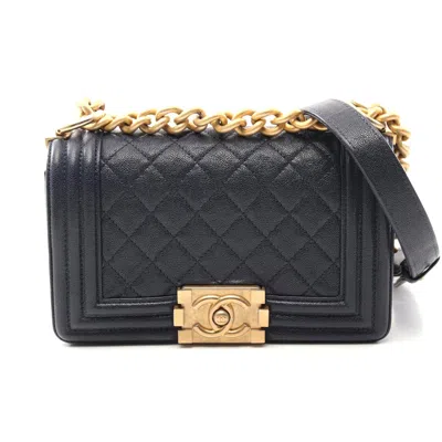 Pre-owned Chanel Boy Small Leather Shoulder Bag Navy In Blue