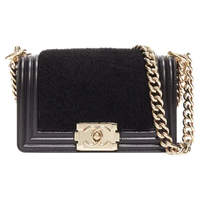 Pre-owned Chanel Boy Small Shearling Leather Gold Cc Push Lock Chain Flap Bag In Black