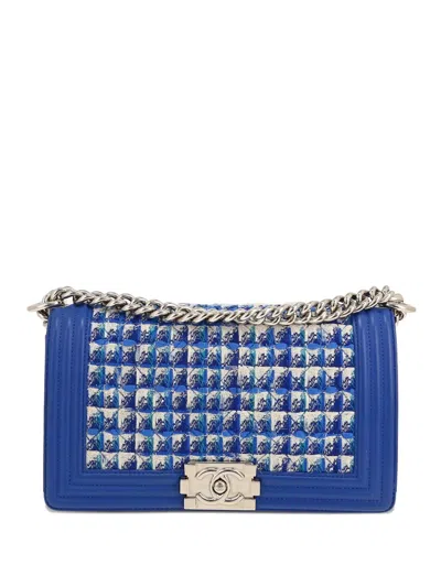 Pre-owned Chanel Boy Tweed-chain Shoulder Bag In Blue