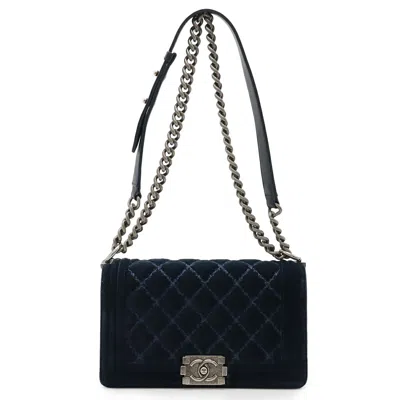 Pre-owned Chanel Boy Velour Leather Shoulder Bag In Blue