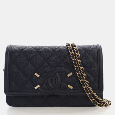 Pre-owned Chanel Boy Wallet On Chain Black Grained Calfskin Leather Bag
