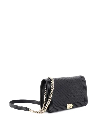 Pre-owned Chanel Boy Wallet On Chain Chevron Caviar Crossbody Bag In Black