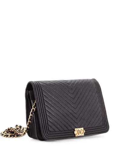 Pre-owned Chanel Boy Wallet On Chain Chevron Caviar Mini Crossbody Bag In Black