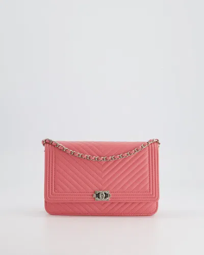 Pre-owned Chanel Boy Wallet On Chain In Chevron Lambskin Leather With Silver Hardware In Pink
