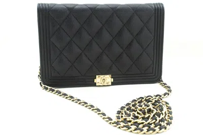 Pre-owned Chanel Boy Wallet On Chain Quilted Caviar Black Calfskin Wallets Accessory ()