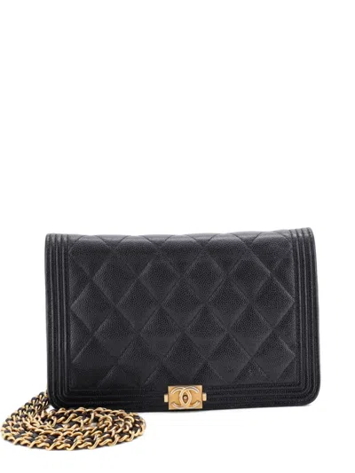 Pre-owned Chanel Boy Wallet On Chain Quilted Caviar Crossbody Bag In Black