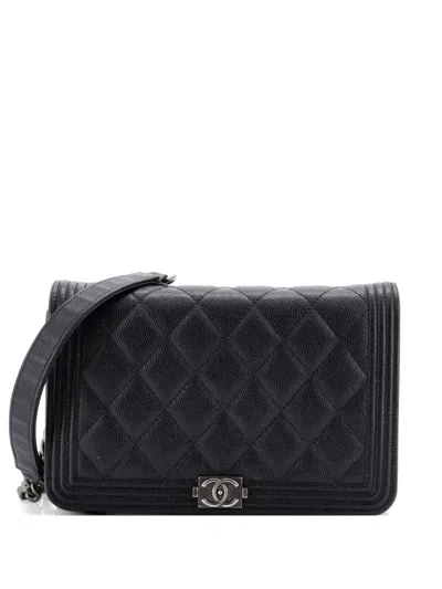 Pre-owned Chanel Boy Wallet On Chain Quilted Caviar Crossbody Bag In Black