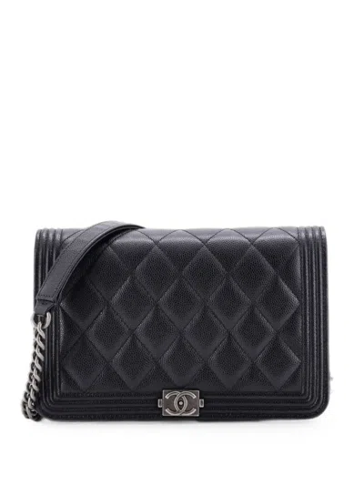 Pre-owned Chanel Boy Wallet On Chain Quilted Caviar Crossbody Bag In Black