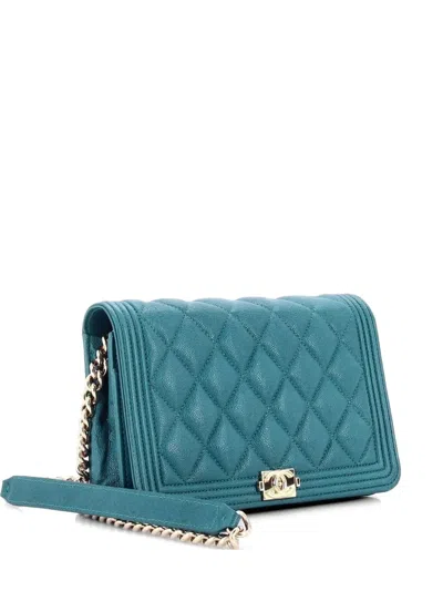 Pre-owned Chanel Boy Wallet On Chain Quilted Caviar Crossbody Bag In Green