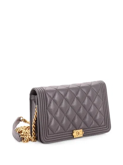 Pre-owned Chanel Boy Wallet On Chain Quilted Caviar Crossbody Bag In Grey